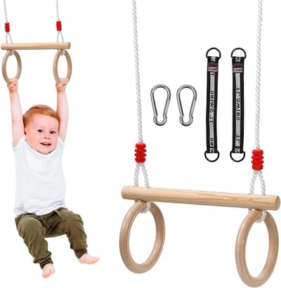 Houten Schommel Ringen - Gymnastiekringen Trapezium - Buiten Spelen - Duurzaam Hout Ontwerp - 50 kg - Houtkleur