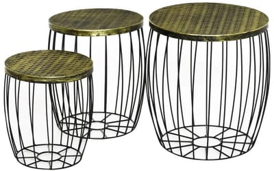 Mila Shop Driedelige set salontafels - Bijzettafels Retro - Metalen mand - Draadmand - Goud/Zwart - 3 maten