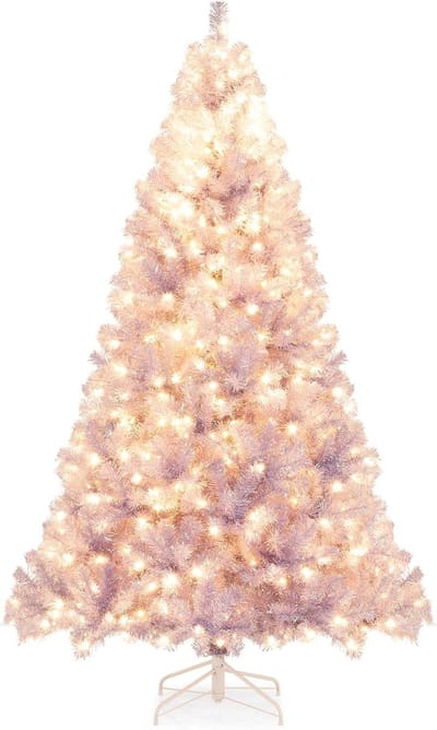 COSTWAY Kunstkerstboom met verlichting, 225 cm, dennenboom met warmwitte ledlampen, 8 modi en metalen standaard, kerstboom, kunstboom voor thuis (lavendelpaars)