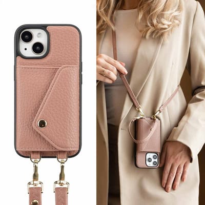 Selencia Hoesje - Geschikt voor Apple iPhone 15 - Sera Koordhoes met pashouder envelop - Old Pink