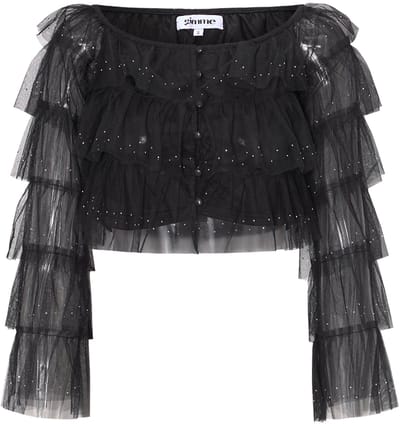 Gimme - Festival The Sparkly Ruffle Top – Feestelijke Top met Ruches – Glanzend Geweven Shirt voor een Sprankelende Look - Zwart - Maat S