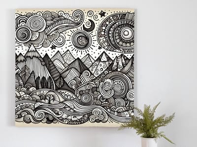 Doodle landschap schilderij | Creatief krabbellandschap: een verwarrend en wonderlijk kunstwerk onthuld | Kunst - 30x30 centimeter op Canvas | Foto op Canvas