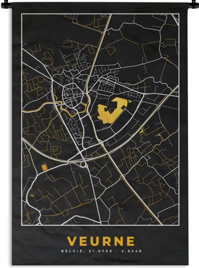Wandkleed - Wanddoek - Veurne - Goud - Plattegrond - Stadskaart - Kaart - 120x180 cm - Wandtapijt