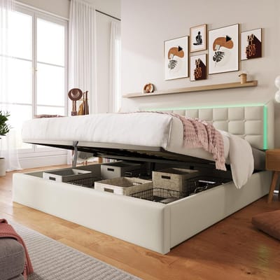 Tweepersoons Gestoffeerd Bed 180x200cm met Opbergruimte en LED-Verlichting