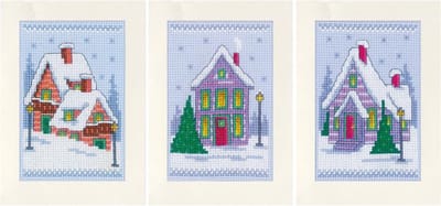 Vervaco - Wenskaart kit - Kerst - Winterhuisjes set van 3 - PN-0149548 - Borduren - Borduurpakket - Borduurpakket volwassenen - Borduurpakket kind