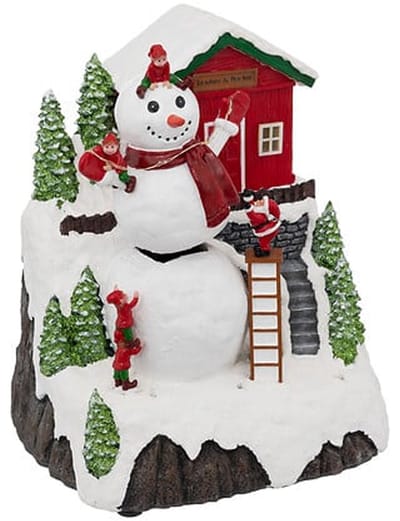 Feeric Christmas Kerstdorp kerst tafereel - huis met sneeuwpop - met beweging en led verlichting - 26 cm
