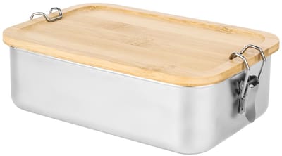 Broodtrommel van roestvrij staal, lunchbox voor volwassenen en kinderen, 1400 ml, broodtrommel van metaal met houten deksel, BPA-vrij, bentobox, ontbijtbox, brooddoos voor school, uitstapjes en