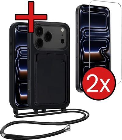Hoesje Geschikt voor iPhone 17 Pro Max / 18 Pro Max Hoesje Met Telefoonkoord en Pasjeshouder Met 2x Screenprotector Siliconen - Hoes Geschikt voor iPhone 17 Pro Max / 18 Pro Max Hoesje Met Kaarthouder Case - Zwart