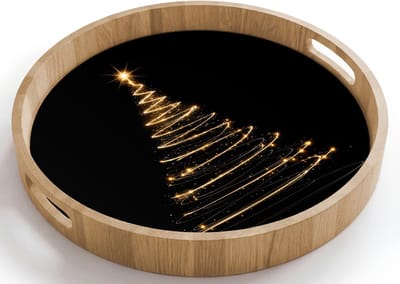 Dienblad rond 40x40 cm - Schootdienblad hout - Magisch - Kerstboom - Lichtspiralen - Zwart - Borrelplank rechthoek - Plateau houten dienbladen