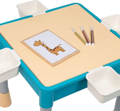 Kindertafel met 1 Stoeltje - Speeltafel met bouwplaat en vlakke kant - 4 Bakjes - Geschikt voor Lego® Bouwstenen