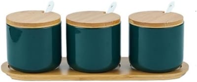 VHV Keramische Suikerpotjes Set - Bamboe Deksel - 3stuks - Groente - Keramiek