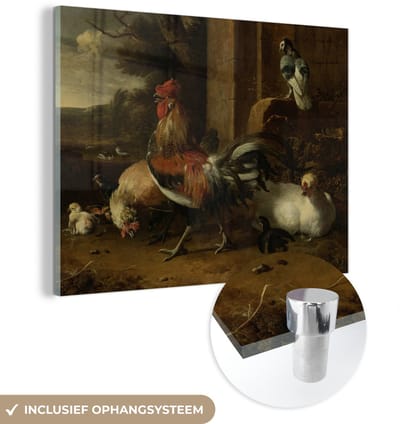 ® Glasschilderij 160x120 cm - Schilderij acrylglas - Hoenderhof - Schilderij van Melchior d'Hondecoeter - Foto op glas - Muurdecoratie woonkamer - Wanddecoratie slaapkamer - Schilderijen