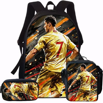 3 stuks Voetbal Vlam Print Rugzak Lichtgewicht Dagelijks Grote Capaciteit Schooltas Reistas met Schoudertas Etui Cadeau