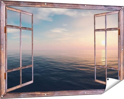 Gards Tuinposter Doorkijk Zee Water tijdens Zonsondergang - 150x100 cm - Tuindoek - Tuindecoratie - Wanddecoratie buiten - Tuinschilderij