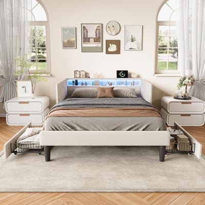 Slaapbank met Laden - Dagbed Opbergbed - Multifunctioneel Gebruik - Geïntegreerde Oplaadpoorten - 140x200 - Beige Flanel