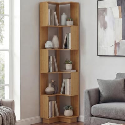 Luxe 5-Laags Hoekboekenkast Bamboo Look 175 x 40 x 40 cm – Ruimtebesparende Corner Shelf voor Woonkamer, Slaapkamer & Kantoor, MDF Melamine, Waterafstotend & Krasbestendig