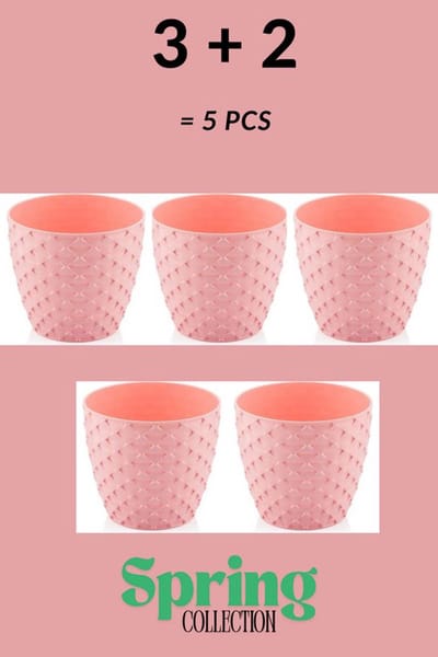 3+2 - Bloempotten - rond - roos met afwatering en wateropvang - 5 ronde roze sierpotten