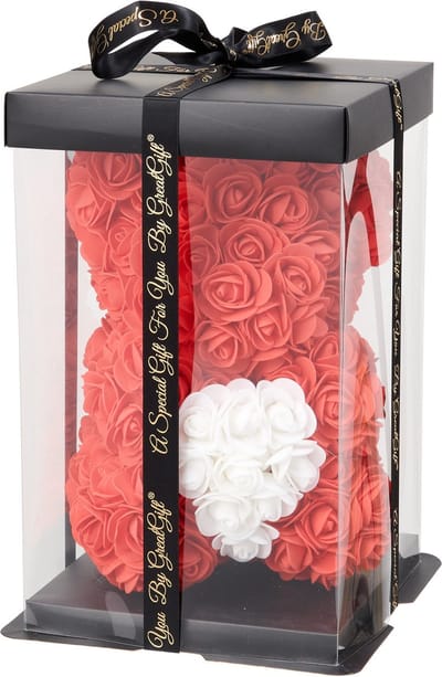 GreatGift® - Rode Rozen Beer met Wit Hart 25 cm + 75 rozenblaadjes - in Luxe verpakking -Rose Bear - Teddy Beer - Rood - Romantisch Cadeau - Valentijn - Cadeau voor haar