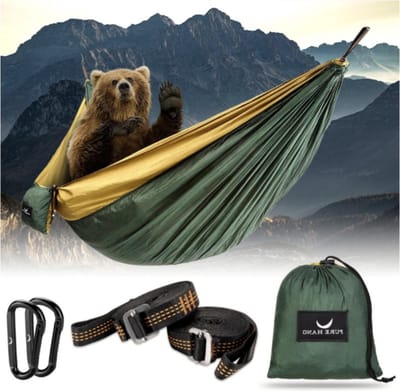 Campinghangmat - Donkergroen - 275 x 140 cm - Ultralicht Parachutezijde met Bevestigingsset - Voor 2 Personen