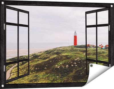 Gards Tuinposter Doorkijk Vuurtoren Texel - 90x60 cm - Tuindoek - Tuindecoratie - Wanddecoratie buiten - Tuinschilderij
