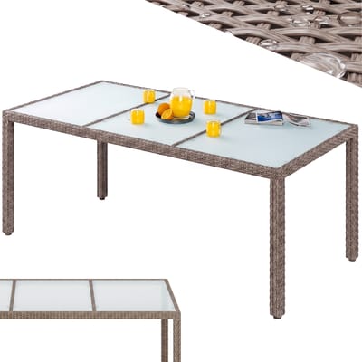 Tuintafel crèmekleurig, weerbestendig, 190 x 90 x 75 cm, polyrotan, in hoogte verstelbaar, met 5 mm veiligheidsglas, eettafel