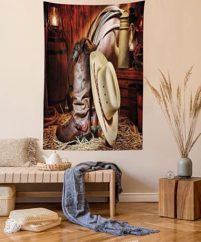 ABAKUHAUS Western Tapestry, Amerika Retro Rodeo, Woonkamer Slaapkamer Wandkleed Zijdezacht Satijn Wandtapijt, 100 x 150 cm, Beige Bruin