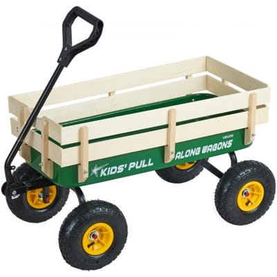 VEVOR Kinderhandkar, 102 CM, Transportkar met Duwstang, Gemaakt van Hout en Metaal, Max. 150 KG Draagvermogen, Ideaal voor Kinderen Vanaf 5 Jaar, voor In De Tuin, Uitstapjes en op Het Strand, Groen en Geel