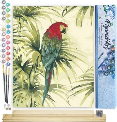 Figured'Art Schilderen op Nummer Volwassenen canvas Bloemen en papegaai - Handwerk acrylverf Kit DIY Compleet - 40x50cm met DIY houten lijst