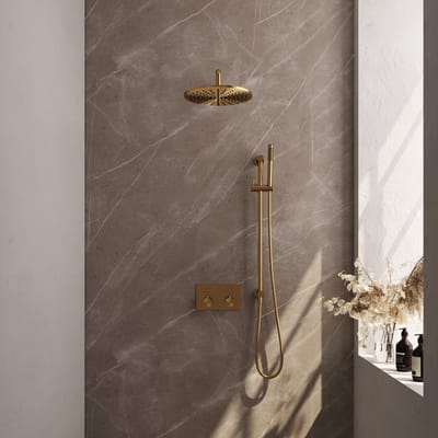 Brauer Gold Edition thermostatische inbouw regendouche met drukknoppen SET 64 met 30 cm douchekop en gebogen muurarm en staaf handdouche en doucheslang en geïntegreerde glijstang goud geborsteld PVD