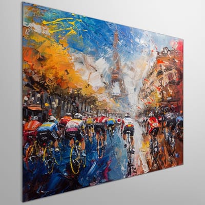 Ronde van frankrijk | Fietsen door Frankrijk: een kleurrijk kunstwerk vol beweging en avontuur | Kunst - 40x40 centimeter op Dibond | Foto op Dibond