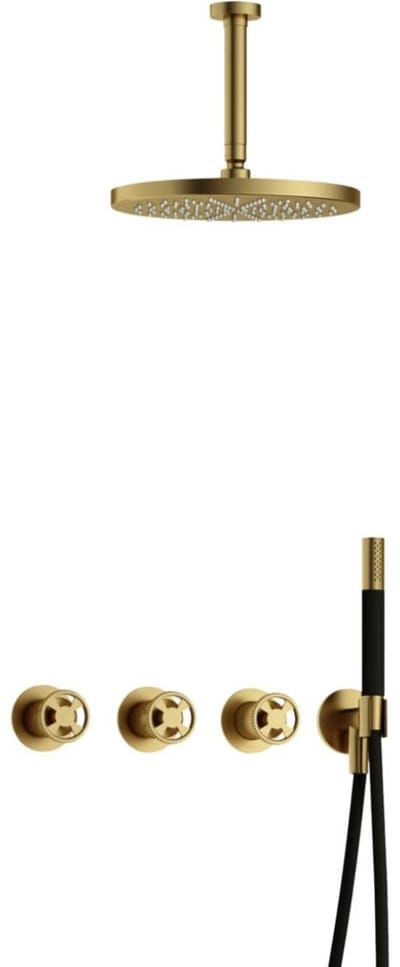 Hotbath Cobber - CW7067 - Inbouw Regendoucheset - Geborsteld Messing PVD - 2 Stopkranen - Thermostatisch - Plafondbuis 15 cm - Hoofddouche 300 mm - Ronde Handdouche - met M106 - Waterbesparend
