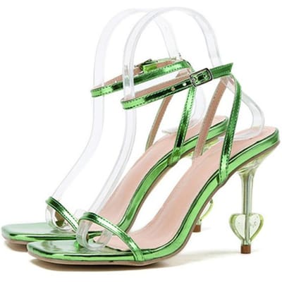 Style Étrange Forme de Cœur Transparent Talons Hauts Sandales pour Dames Mode Bout Carré Sangle de Cheville à Boucle Chaussures d'Été Femmes 42 vert