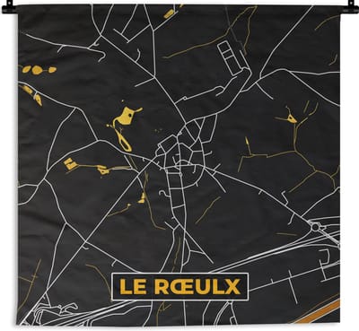 Wandkleed - Wanddoek - Black en gold - Stadskaart - Le Rœulx - Plattegrond - Kaart - 180x180 cm - Wandtapijt