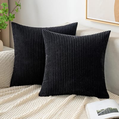 Set van 2 Corduroy Fluweel Gestreepte Kussenslopen Vierkant 45x45 cm Zwart