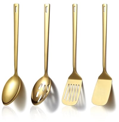 Gouden Keukengerei Set 4-delig - Titanium Goud, RVS Kookgerei Spatels en Lepels - Vaatwasserbestendig