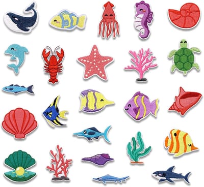 Opstrijk- en opnaaipatches met kustmotieven, zee-thema, 24 stuks voor kleding, jurken en accessoires, DIY strijkpatches voor kinderen
