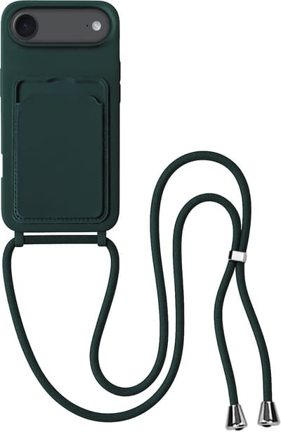 Hoes Geschikt voor iPhone Air Hoesje Pas Houder Case Hoes Met Koord - Hoesje Geschikt voor iPhone Air Hoes Met Telefoonkoord Pasjeshouder Cover - Donkergroen