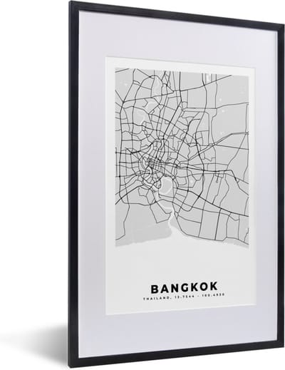 Fotolijst incl. Poster Zwart Wit- Bangkok - Stadskaart - Plattegrond - Zwart Wit - Kaart - 40x60 cm - Posterlijst