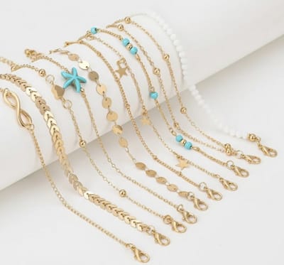 Goudkleurige enkelbandjes set voor dames – 10-delige enkelketting set met kralen, sterren en muntjes – verstelbare enkelbandjes – zomerse sieraden