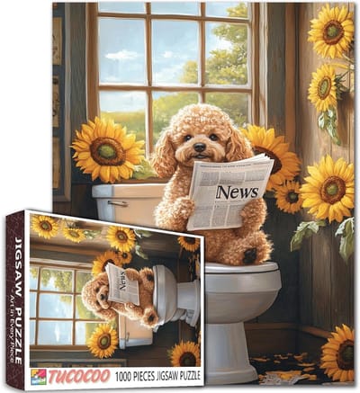 Grappige Legpuzzel 1000 Stukjes: Hond op Toilet met Zonnebloemen