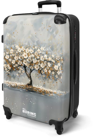 NoBoringSuitcases.com® - Koffer groot - Rolkoffer lichtgewicht - Grijs met bloesemboom - Reiskoffer met 4 wielen - Grote trolley XL - 20 kg bagage - Valiezen middelgroot - Hardcase bagagekoffer - Suitcase large
