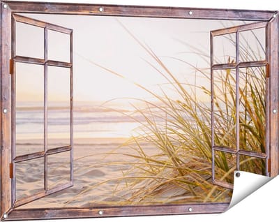 Gards Tuinposter Doorkijk Strand en Duinen tijdens Zonsondergang - 120x80 cm - Tuindoek - Tuindecoratie - Wanddecoratie buiten - Tuinschilderij