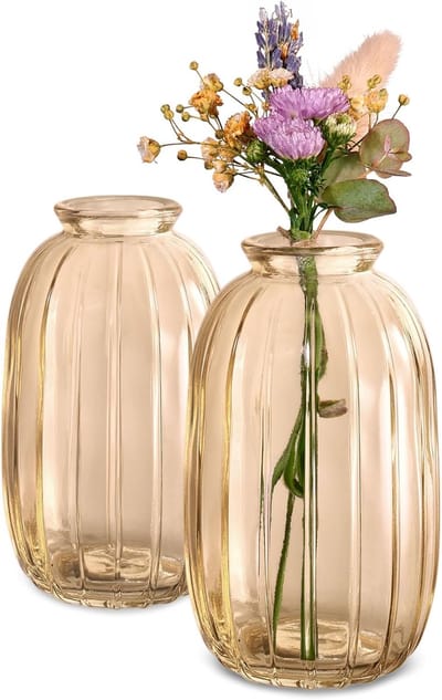 Famanu – Glazen vaasjes set van 6, vintage stijl met gouden accent, ronde stevige bloemenvazen, vaatwasmachinebestendig, geschikt voor bruiloften en tafeldecoratie