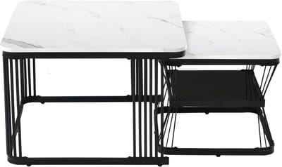 Salontafel set van 2 - Bijzettafel set - Ruimtebesparend - Stabiel stalen frame - MDF marmerlook - Woonkamer - 65x65x45 cm en 45x45x39,5 cm - Wit zwart