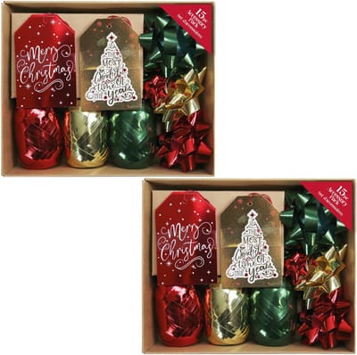 Cadeauversiering - Krullint en tags en strikjes - Goud, groen & rood - 30 stuks