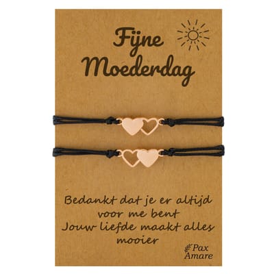 Moeder Dochter Armbandjes voor 2 "Fijne Moederdag" - Hartjes - Moeder Kind Armbandjes met Cadeau Kaartje - Rosé Goud & Zwart - Elastisch Verstelbaar - Pax Amare