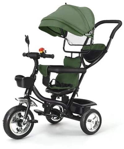 Kinderwagen met drie wielen 3 / tot 25 kg / met één hand inklapbaar / licht - 7,5 kg / bekerhouder inbegrepen / grote mand (groen)