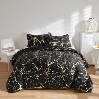 Famanu - Luxe sprei 240x260 cm zwart goud, gewatteerd marmerdesign, lichtgewicht microfiber