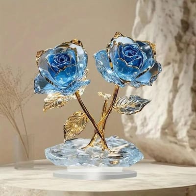 Elegante Acryl Kristal Blauwe Roos Decoratie, Gouden Steel - Ideaal Valentijnsdagcadeau, Perfect voor Huis-, Kantoor-, Café Decoratie one-size