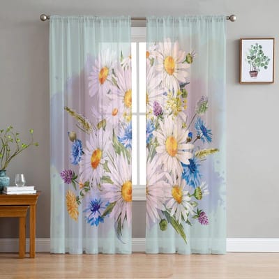 Bloem Madeliefje Lente Zomer Waterverf Slaapkamer Transparante Gordijnen Vakantiedecoratie Raam Voile Tule Gordijn 135W x 114H(cm) white